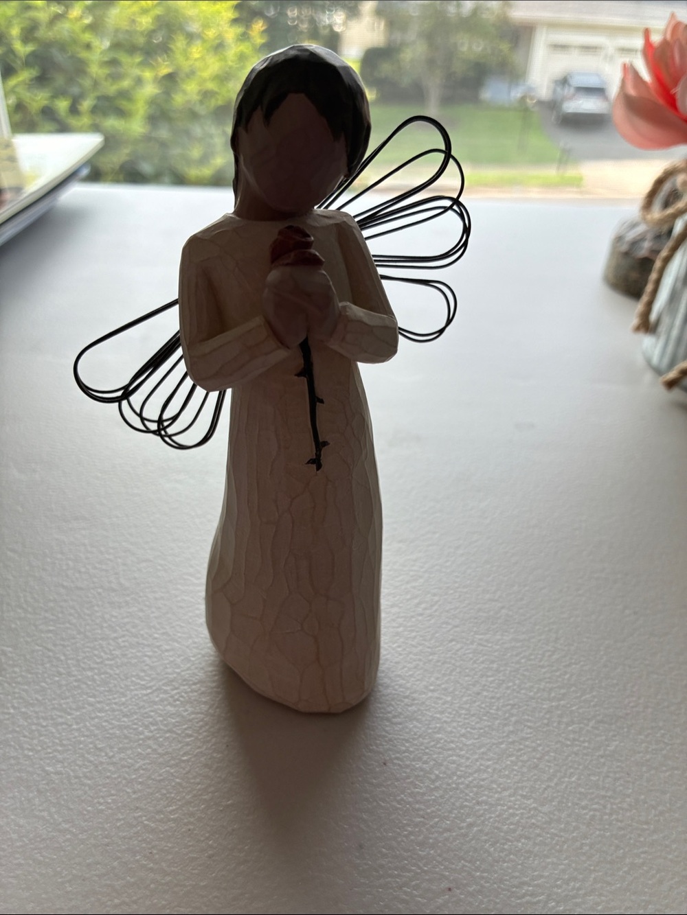 Demdaco Cream Angel Figurine with Black Wire Wings and Rose Accent